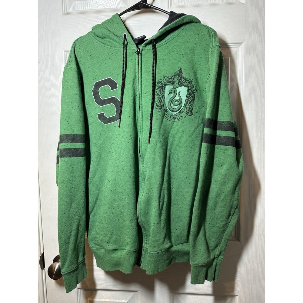 Harry Potter Slytherin Zip Hoodie Unisex Large Green Varsity Stripe Crest Shirt